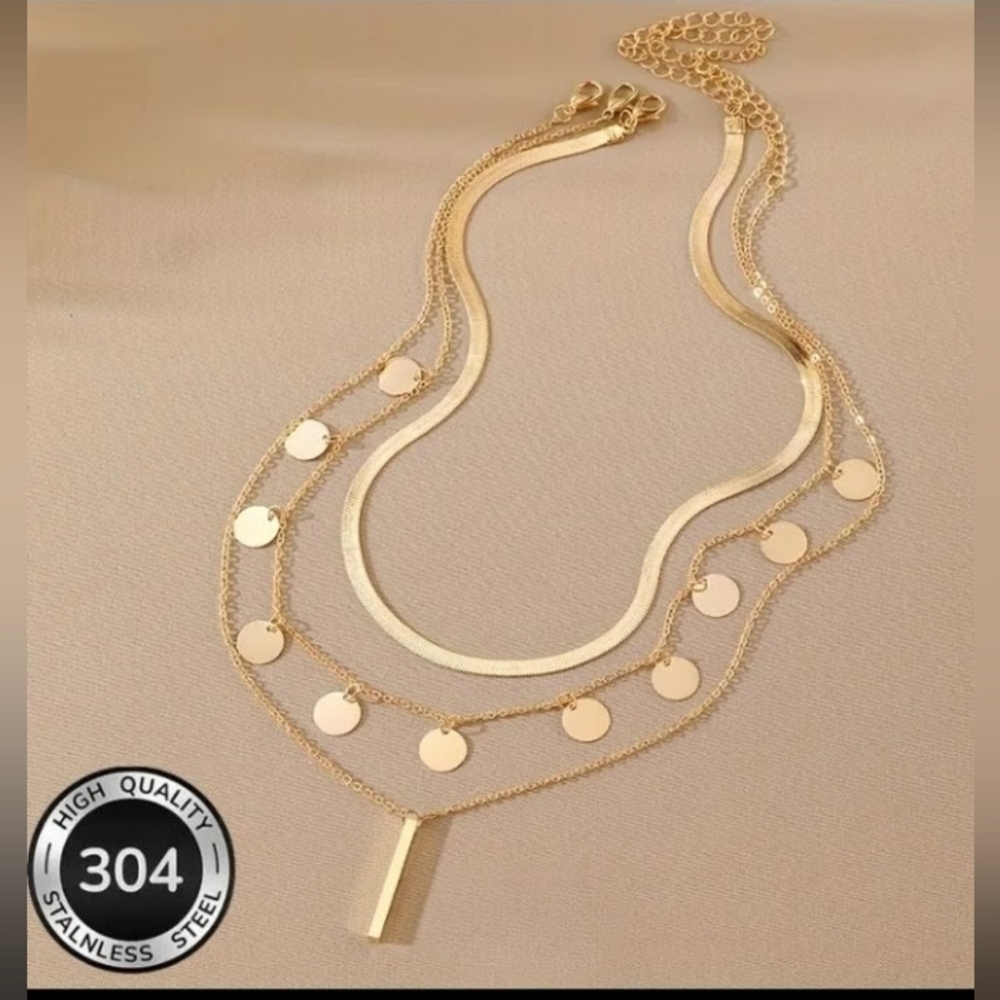 Gold Layered Discs And Bar Necklace -Polished Gold & Stainless Steel